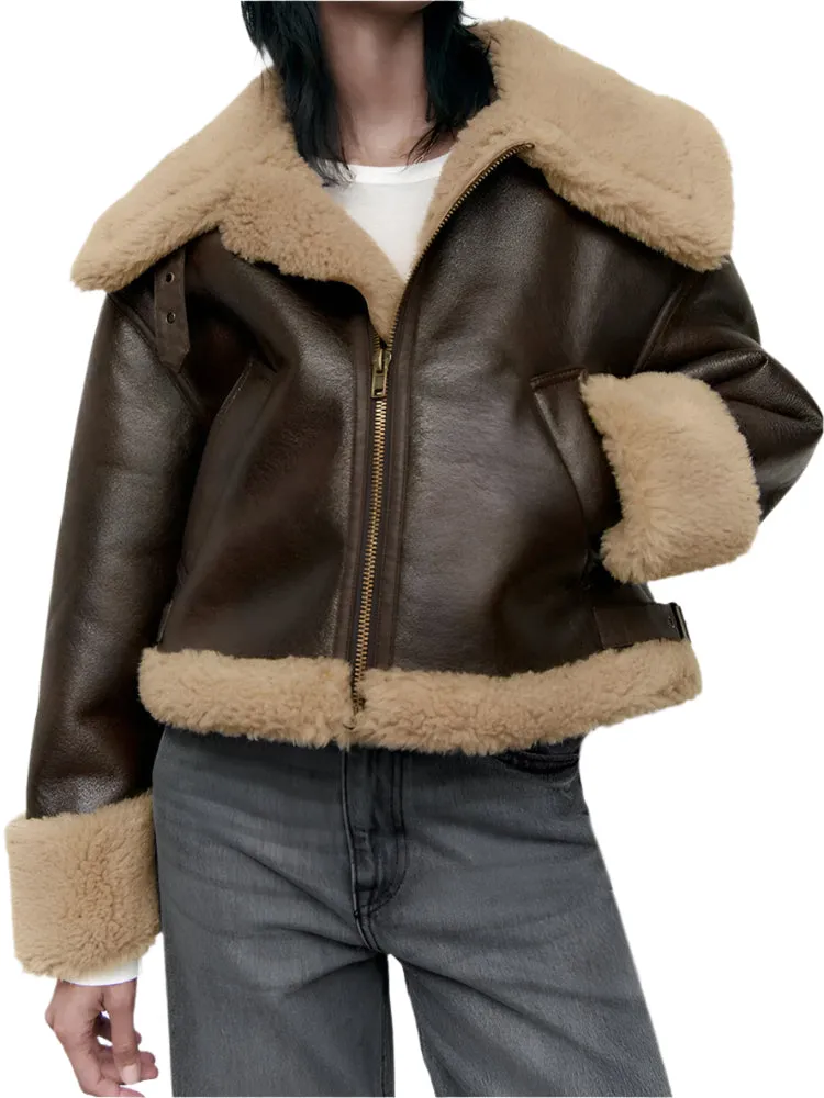 Women's Shearling Aviator Jacket - Brown Faux Leather