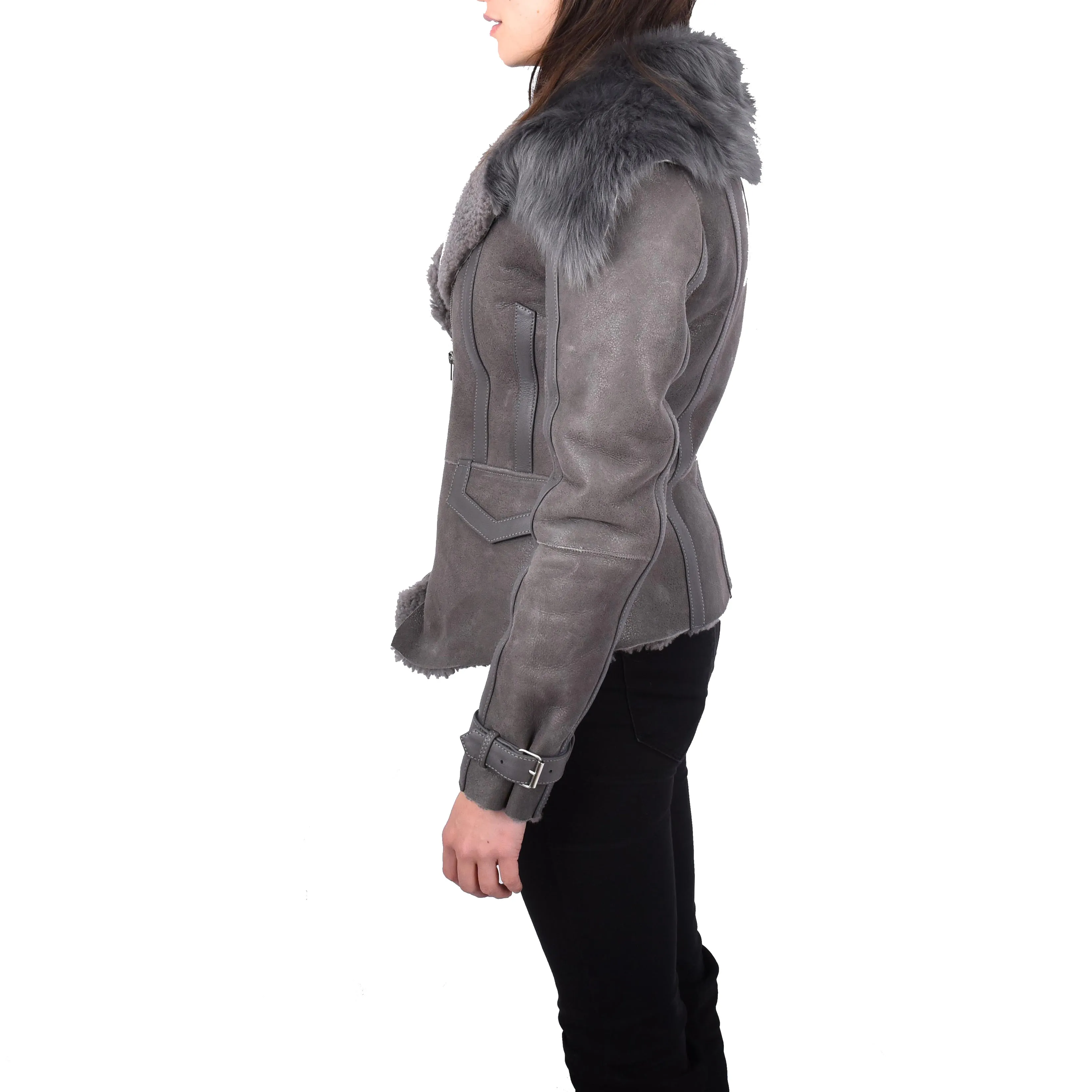 Womens Shearling Sheepskin Toscana Flying Jacket Hanna Grey