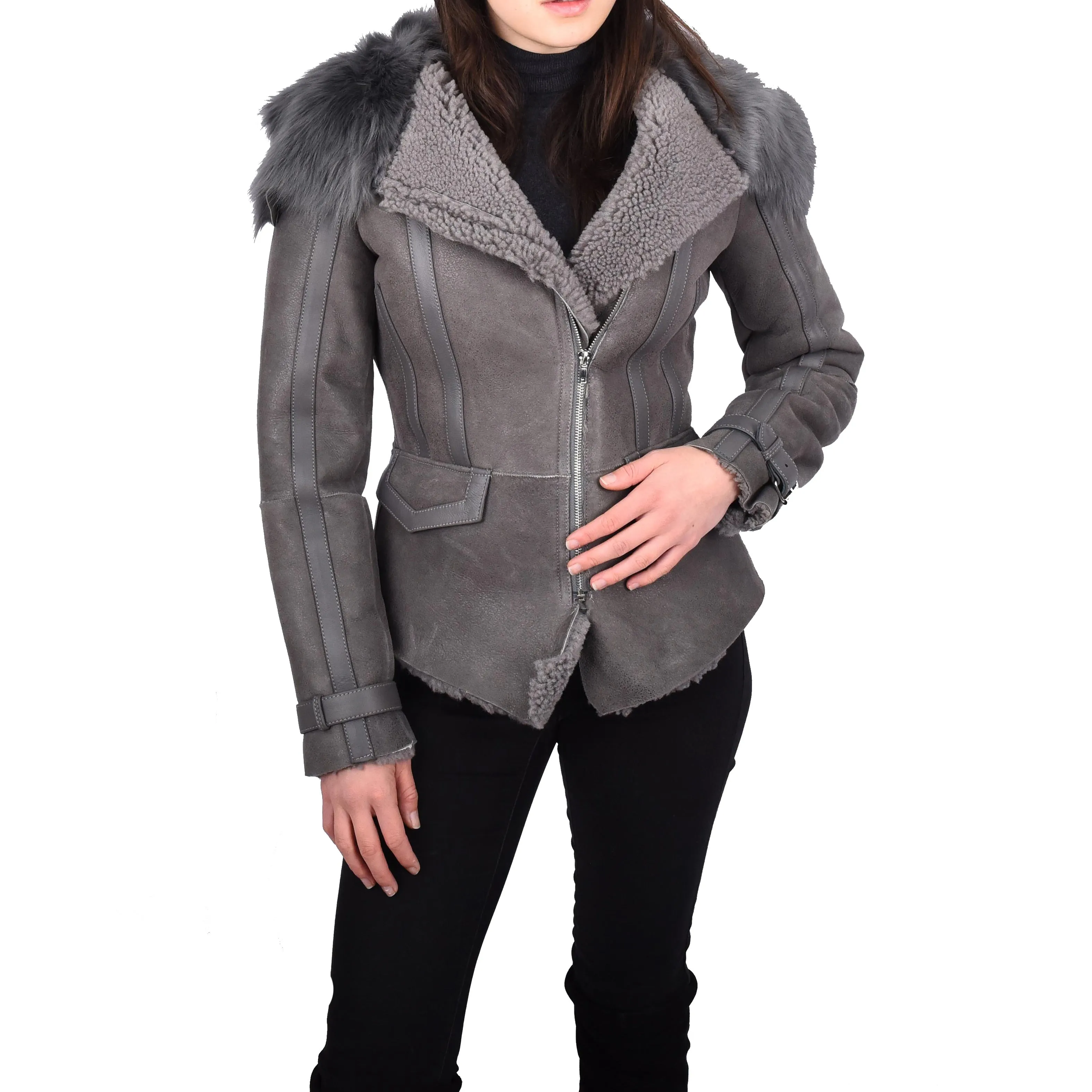 Womens Shearling Sheepskin Toscana Flying Jacket Hanna Grey