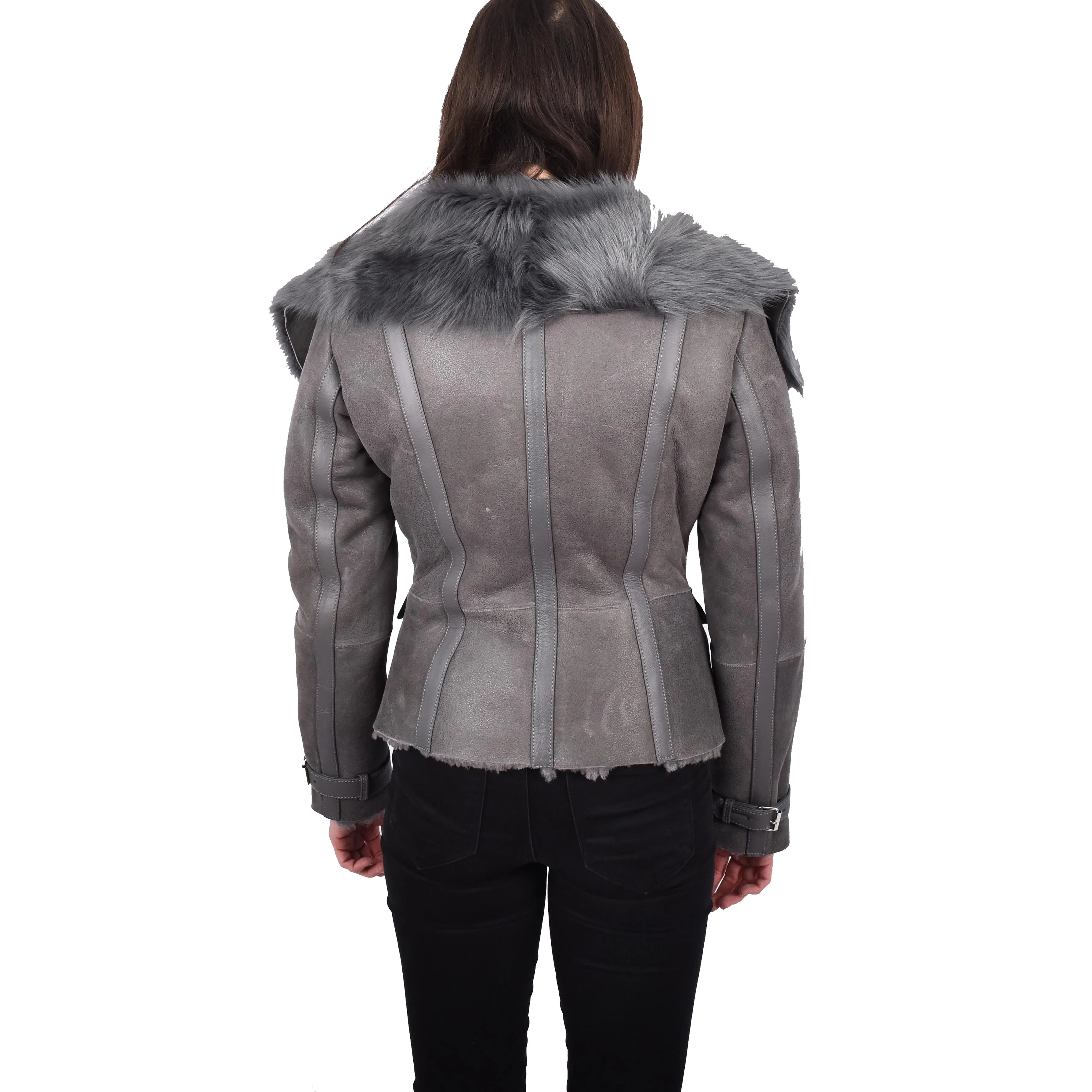 Womens Shearling Sheepskin Toscana Flying Jacket Hanna Grey