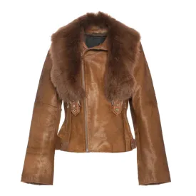 Women's Tara Calf Faux Shearling Brown Fur Leather Jacket