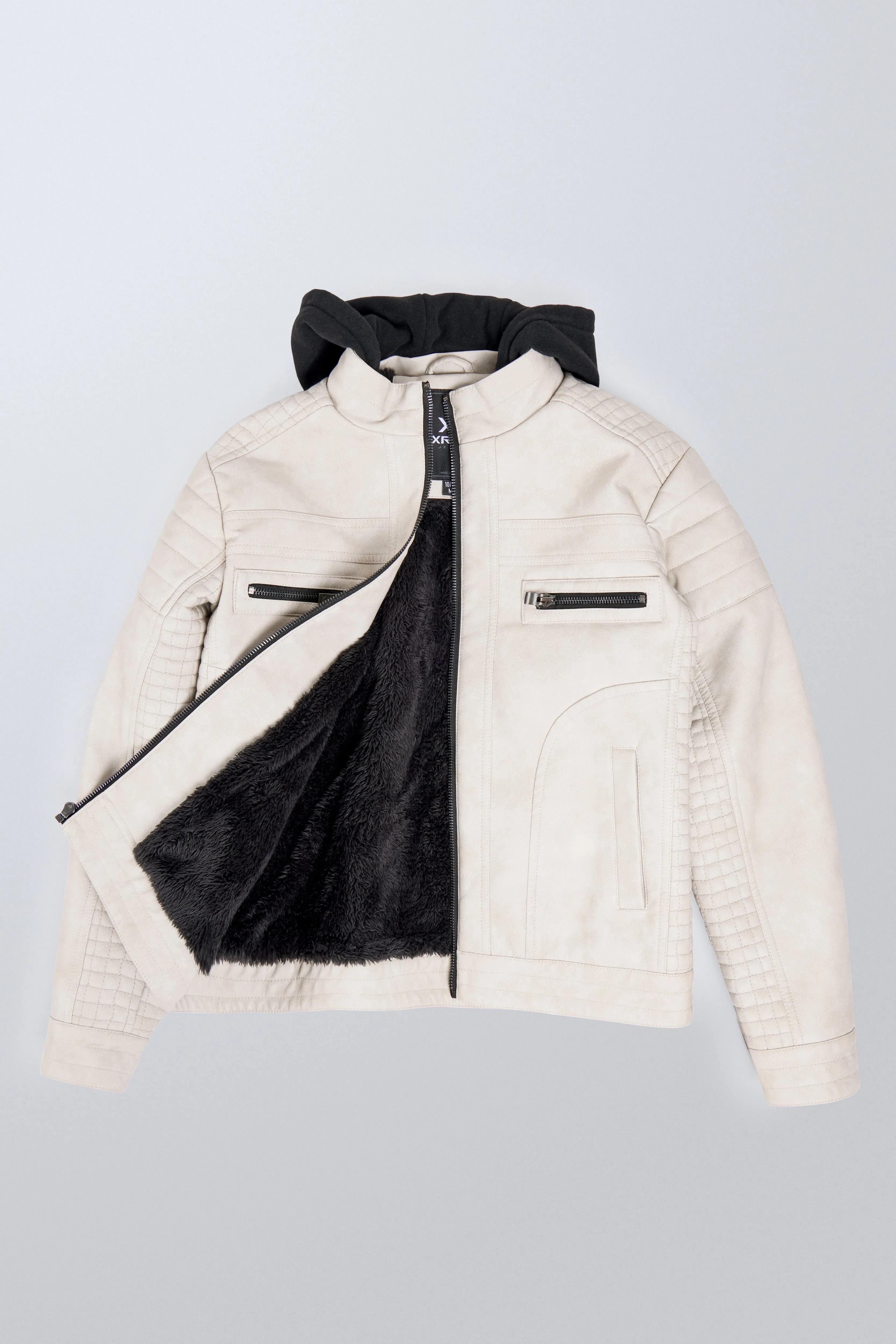 X RAY Boys PU Leather Jacket With Hood And Faux Shearling Lining.