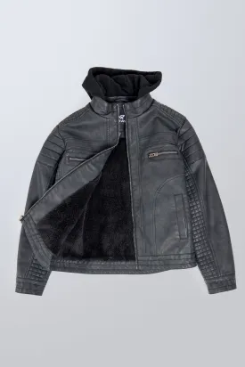 X RAY Boys PU Leather Jacket With Hood And Faux Shearling Lining.